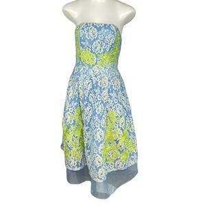 ASOS Blue Green Ivory Floral Lace Tulle Strapless Dress Women's Sz 4